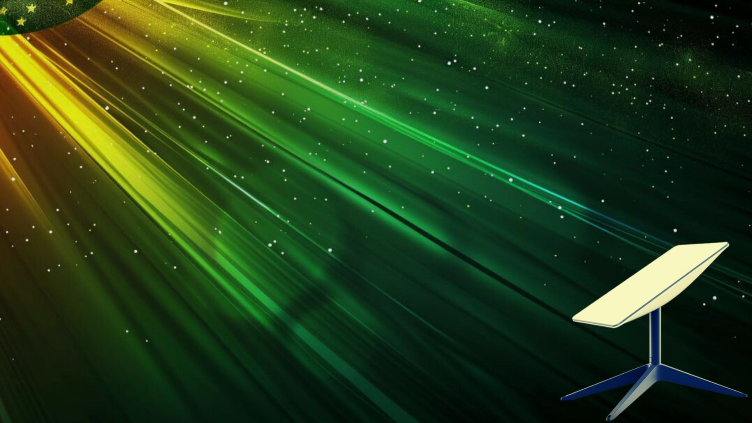 Green and yellow background with light rays and small white dots, featuring a modern angled Starlink satellite dish on the right side.