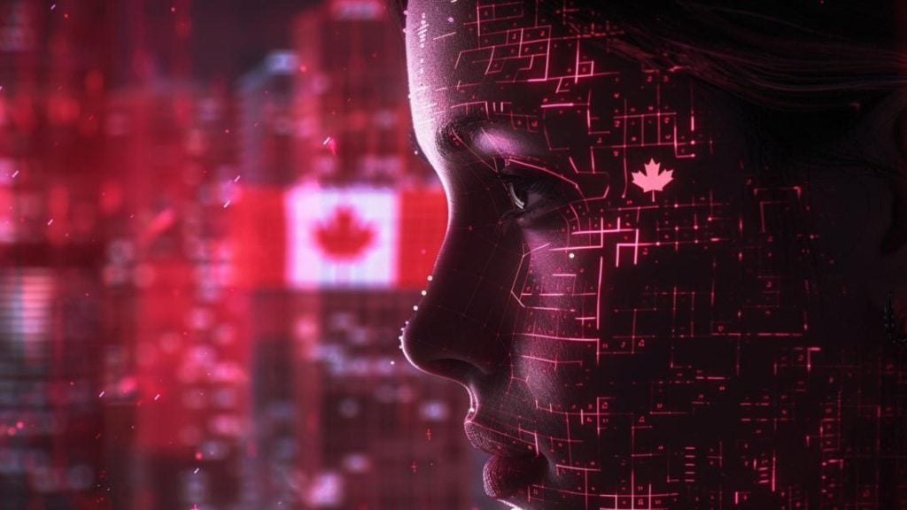 Profile of a person's face with a digital overlay and a blurred Canadian flag in the background.