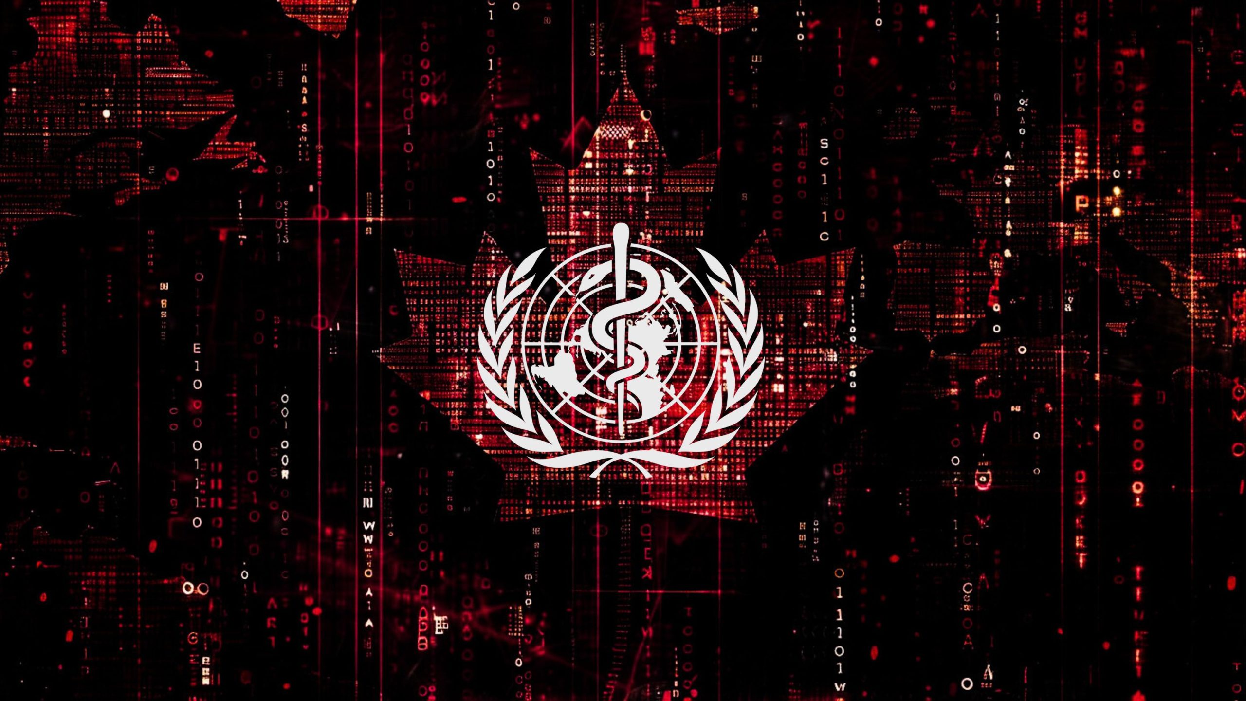 Digital artwork of the World Health Organization (WHO) emblem in white, overlaid on a red maple leaf silhouette against a dark background filled with red and white binary code and data patterns.