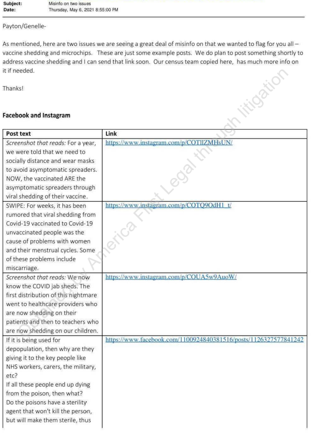 Email screenshot discussing vaccine shedding and microchips with links to Facebook and Instagram posts promoting related misinformation.