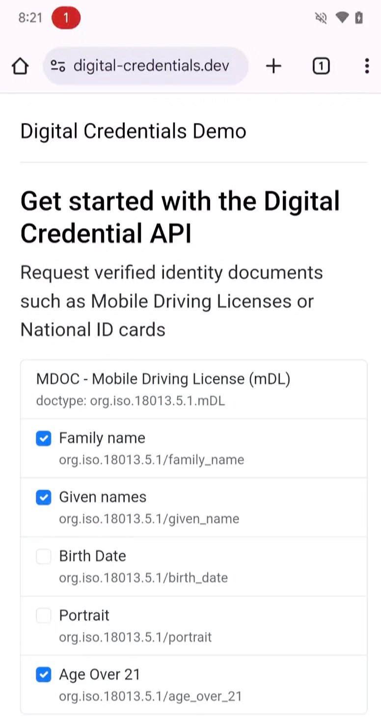 Digital Credentials Demo page showing options to request verified identity documents, such as Mobile Driving Licenses or National ID cards, including Family name, Given names, Birth Date, and Age Over 21.