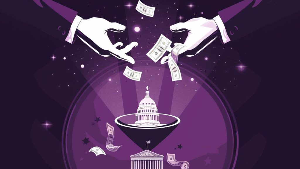 Illustration of hands dropping money into a funnel leading to a government building, with the US Capitol dome at the funnel’s end, against a starry background.