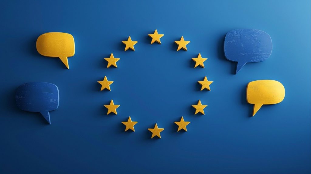 Blue background with twelve yellow stars arranged in a circle, resembling the flag of the European Union, surrounded by blue and yellow speech bubbles.