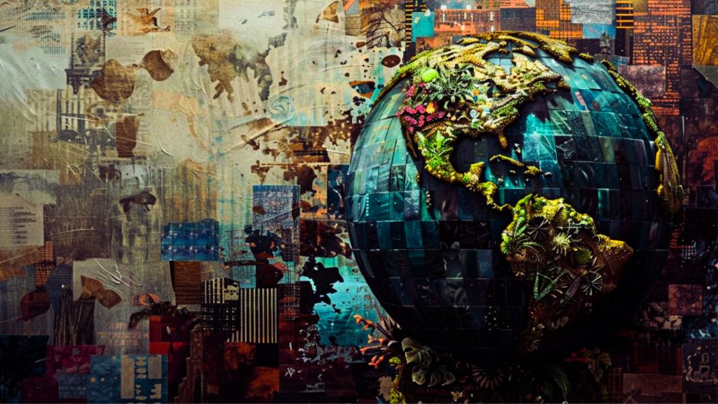 A collage featuring a globe with North and South America visible, composed of various images, textures, and patterns with vibrant greens and blues. The background displays an abstract mix of architectural elements and artistic textures.