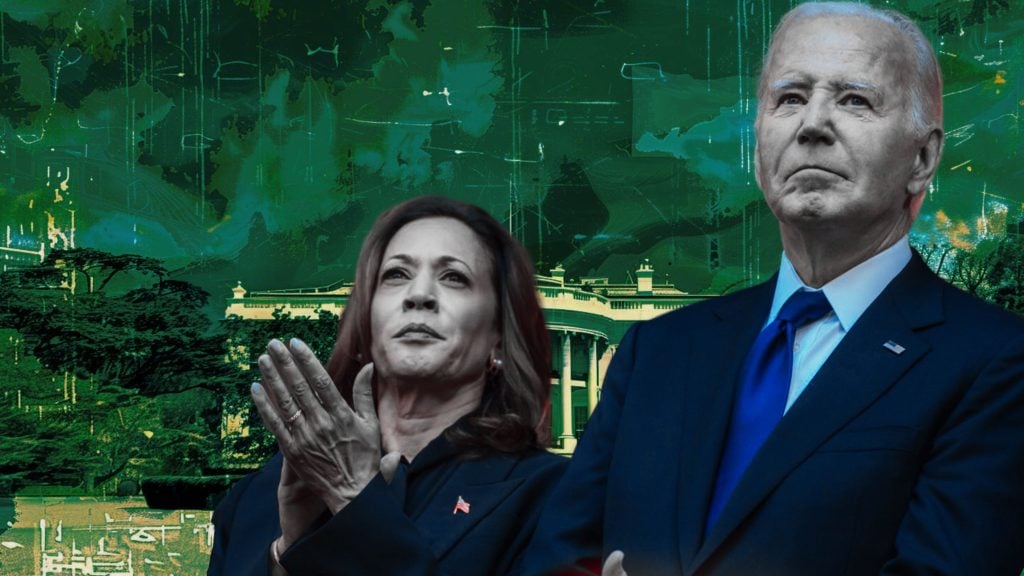 Vice President Kamala Harris and President Joe Biden, green-tinted background featuring the White House.