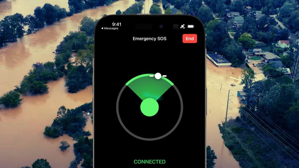 Smartphone screen displaying "Emergency SOS" connected status, overlaid on an aerial view of a flooded residential area.