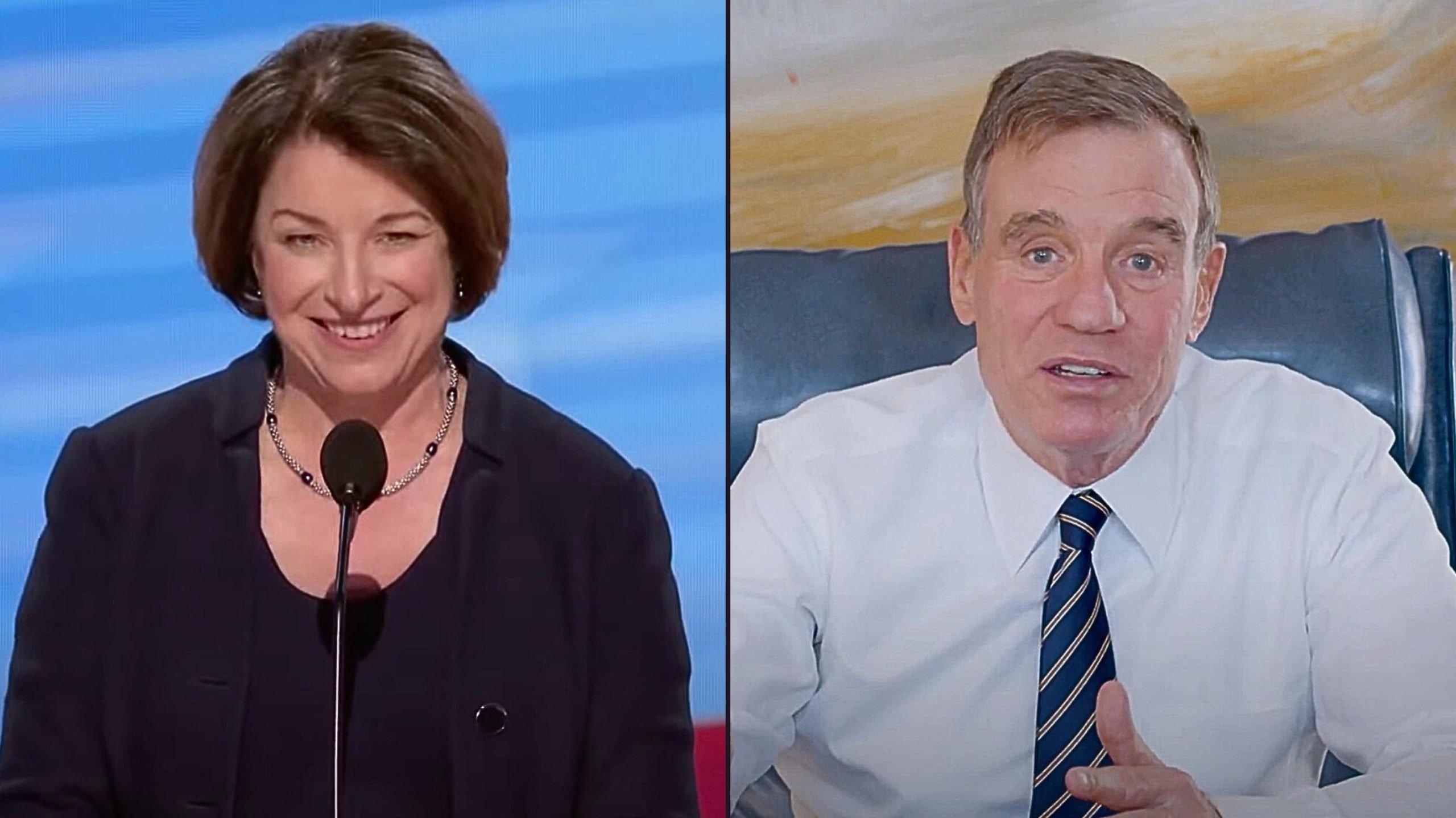 A split-screen image of two people: Senator Klobuchar on the left smiling at a podium with a blue background and Sentor Warner on the right sitting in a chair with a neutral expression, wearing a white shirt and striped tie.