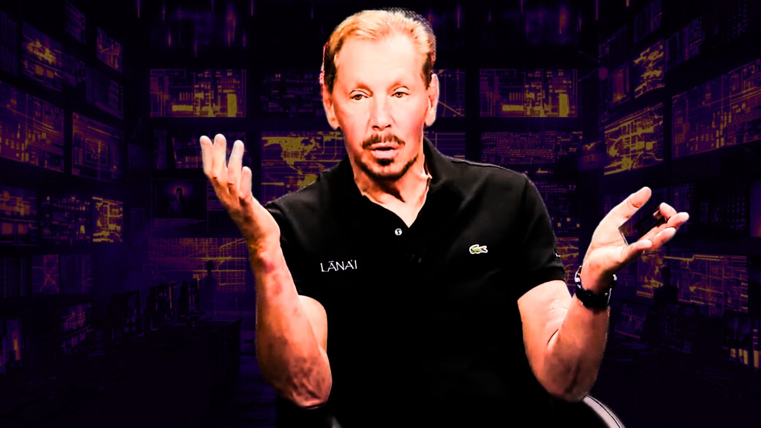 Larry Ellison gesturing with both hands, in front of a dark background featuring various digital screens with glowing graphics.