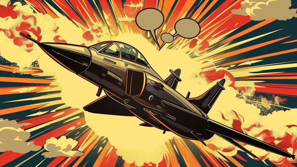 Comic-style illustration of a jet fighter plane flying through a vibrant explosion with speech bubbles overhead.