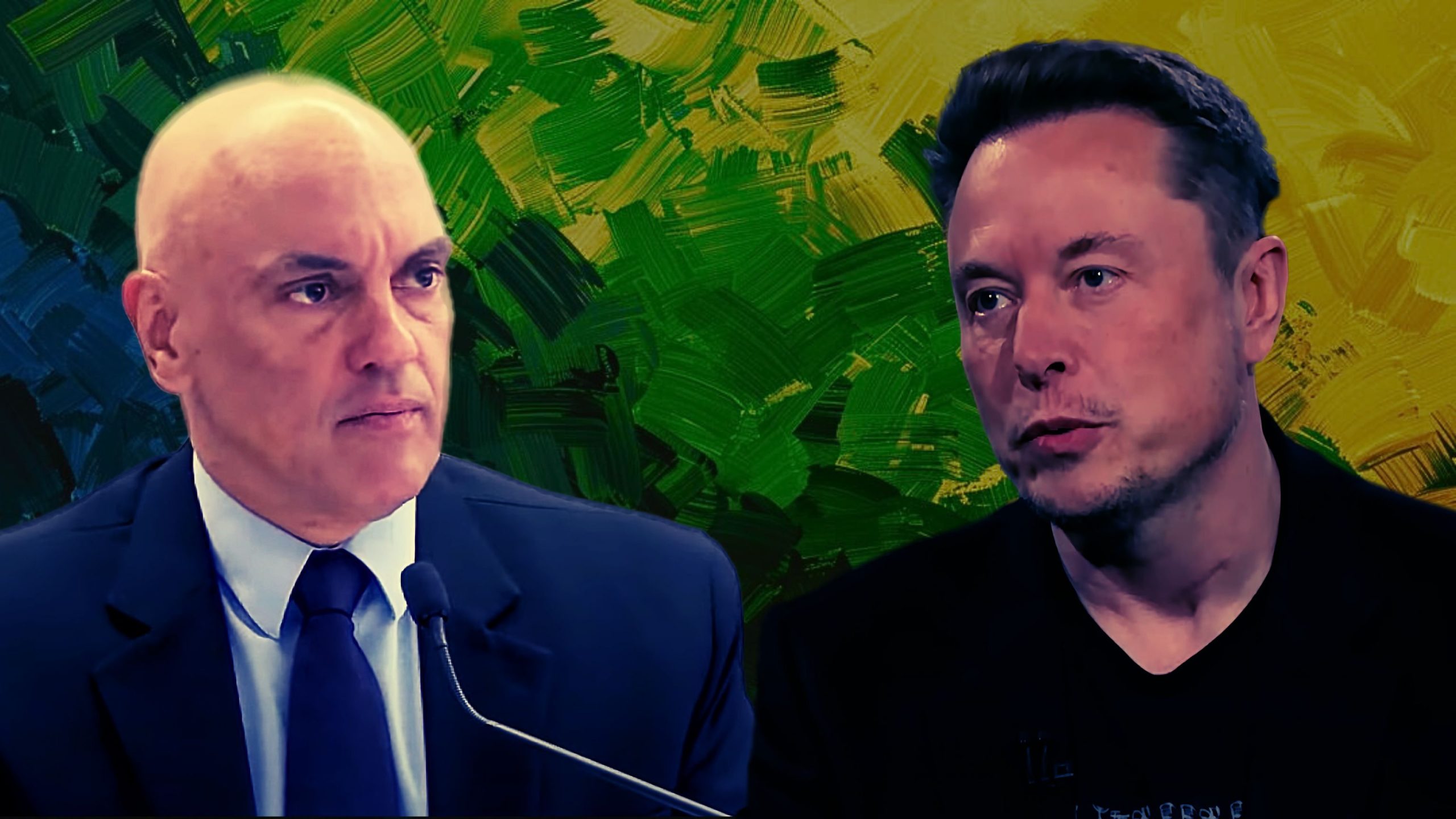 Moraes and Musk facing each other with a green and yellow abstract background. One man is bald and in a suit, speaking into a microphone; the other man has short hair and is wearing a dark jacket.