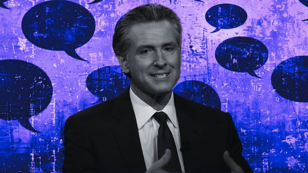 Gavin Newsom, with a background featuring multiple dark speech bubbles on a textured blue and purple backdrop.