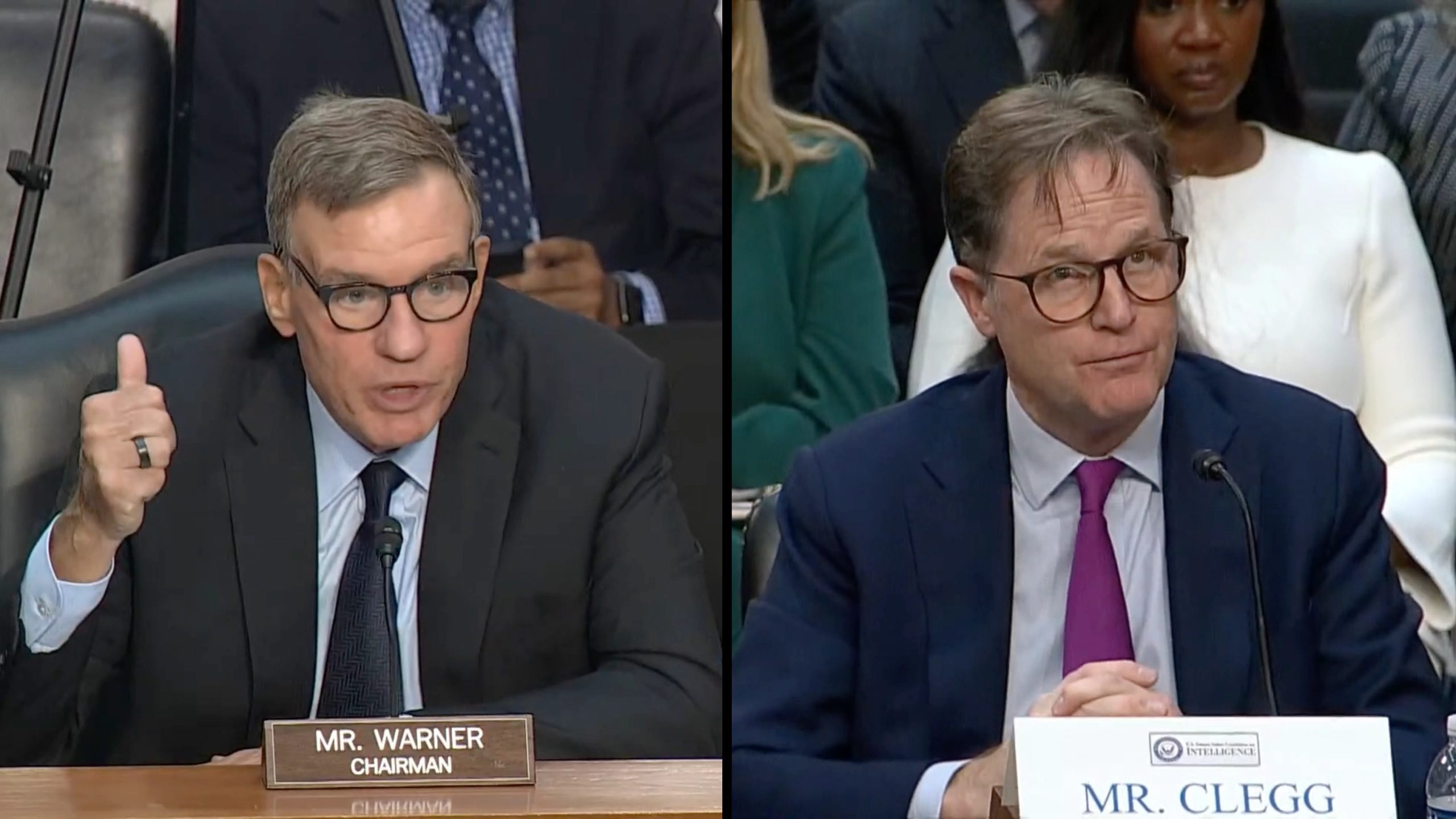 Two men, identified as Mr. Warner (Chairman) and Mr. Clegg, are seated at a hearing, both wearing suits and glasses.