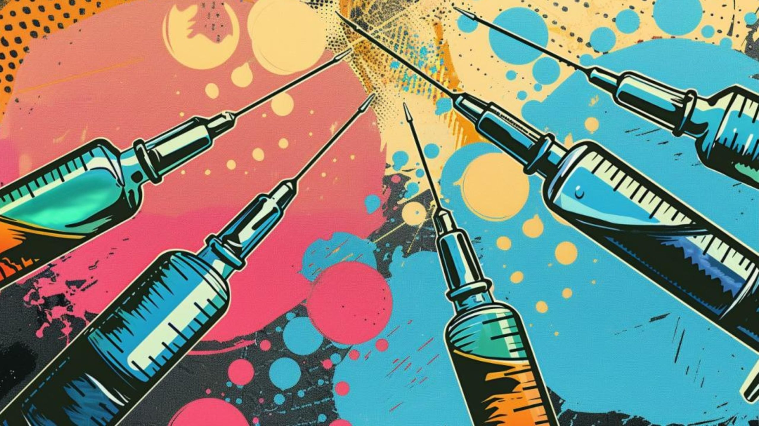 Colorful pop art depiction of syringes with needles, arranged in a circular pattern against a vibrant background with bubbles and abstract shapes.