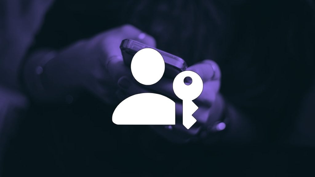 Illustrated user icon with a key overlay on a person holding a smartphone in the background.