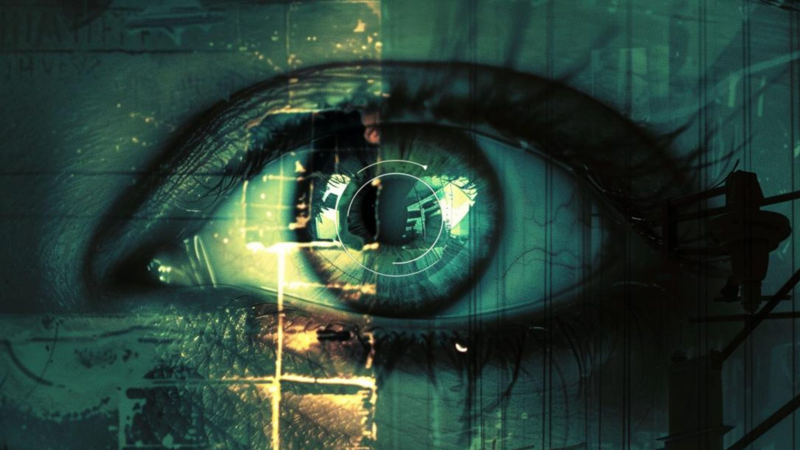 Close-up of a human eye with a digital overlay and futuristic graphics surrounding it.