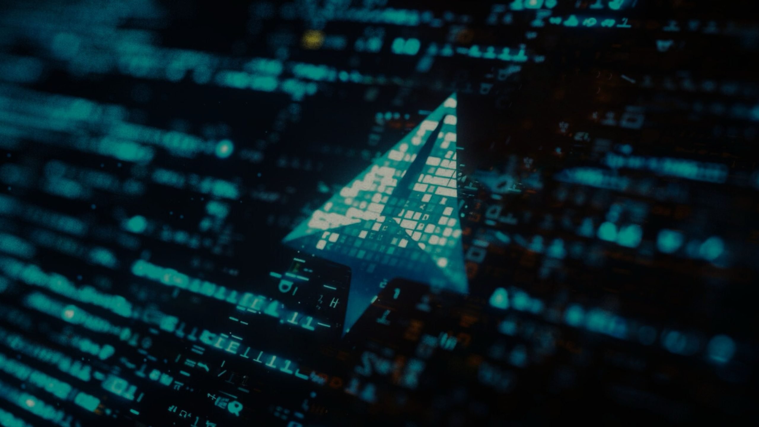 Digital arrow symbol amidst blurry teal and black patterned background.