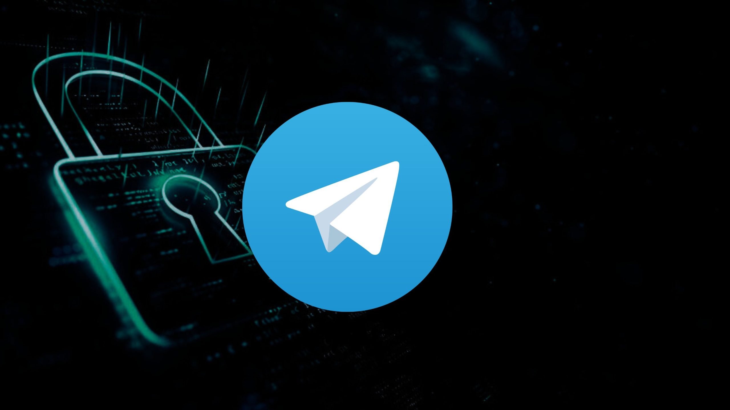 Telegram logo on a dark background with a digital lock symbol.