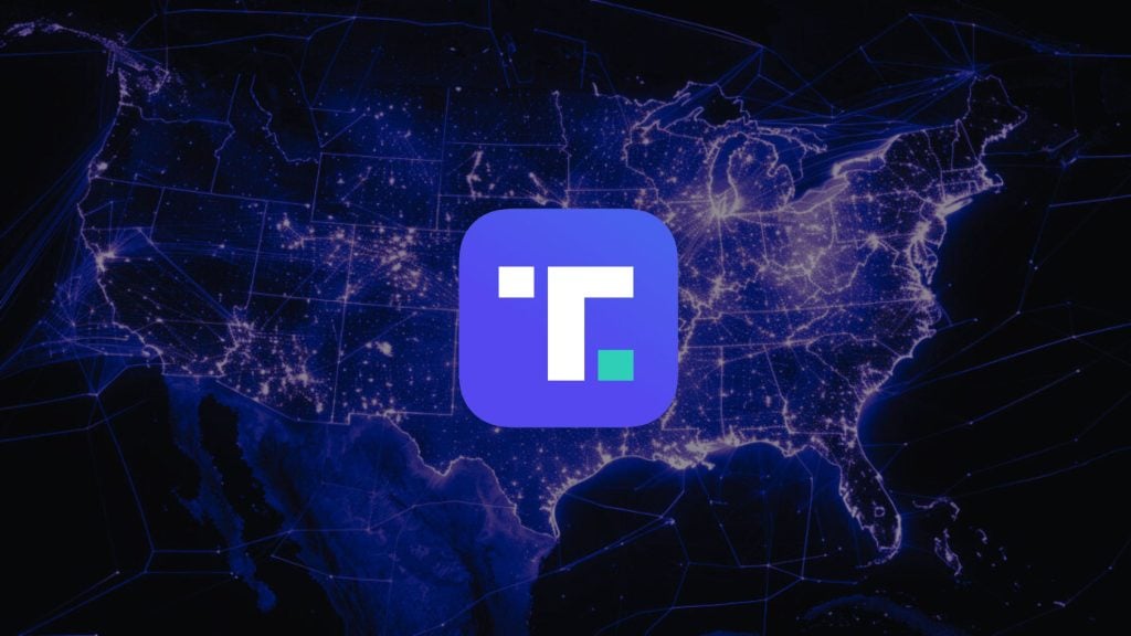 Dark map of the United States with glowing city lights and a blue app icon featuring a stylized "Truth" logo in the center.