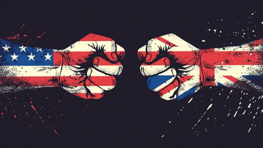 Two fists facing each other, one painted with the American flag and the other with the British flag, against a black background.