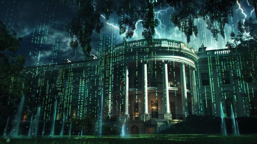 The White House with digital green code rain, resembling The Matrix, in front of it under a stormy sky with lightning.