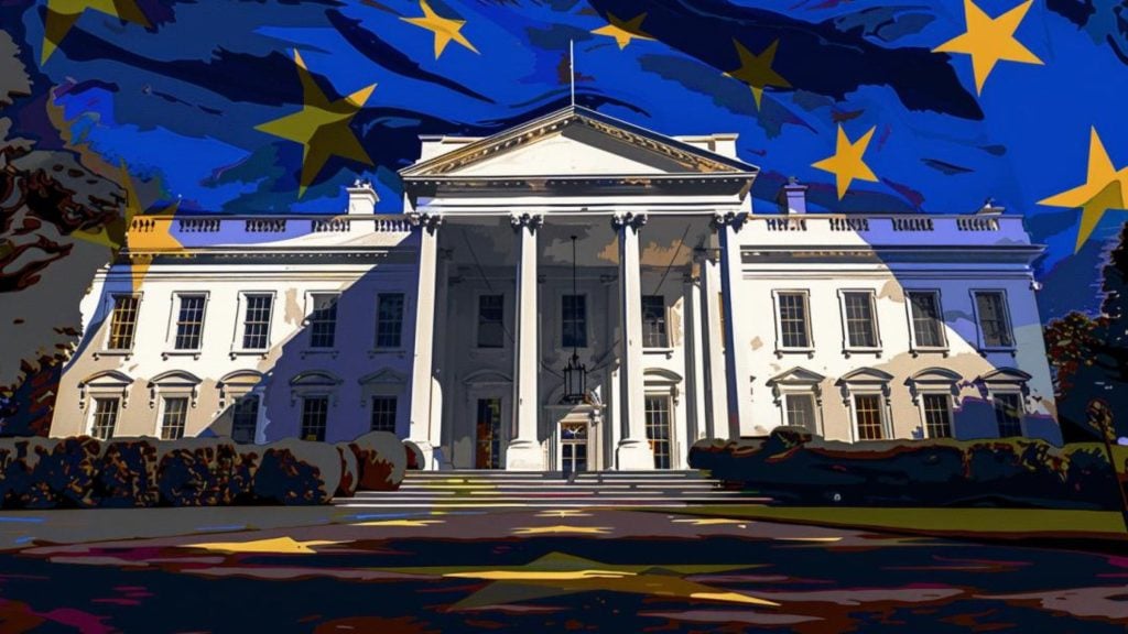 Illustration of the White House with European Union flag elements and stars superimposed on it.