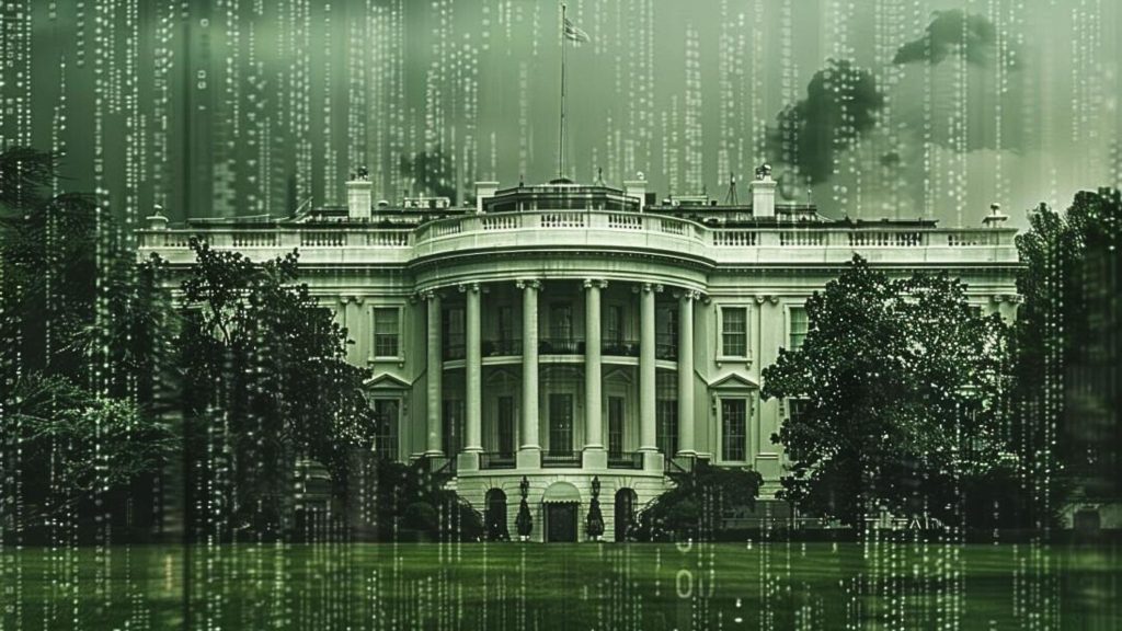 The White House with green digital matrix code overlay.