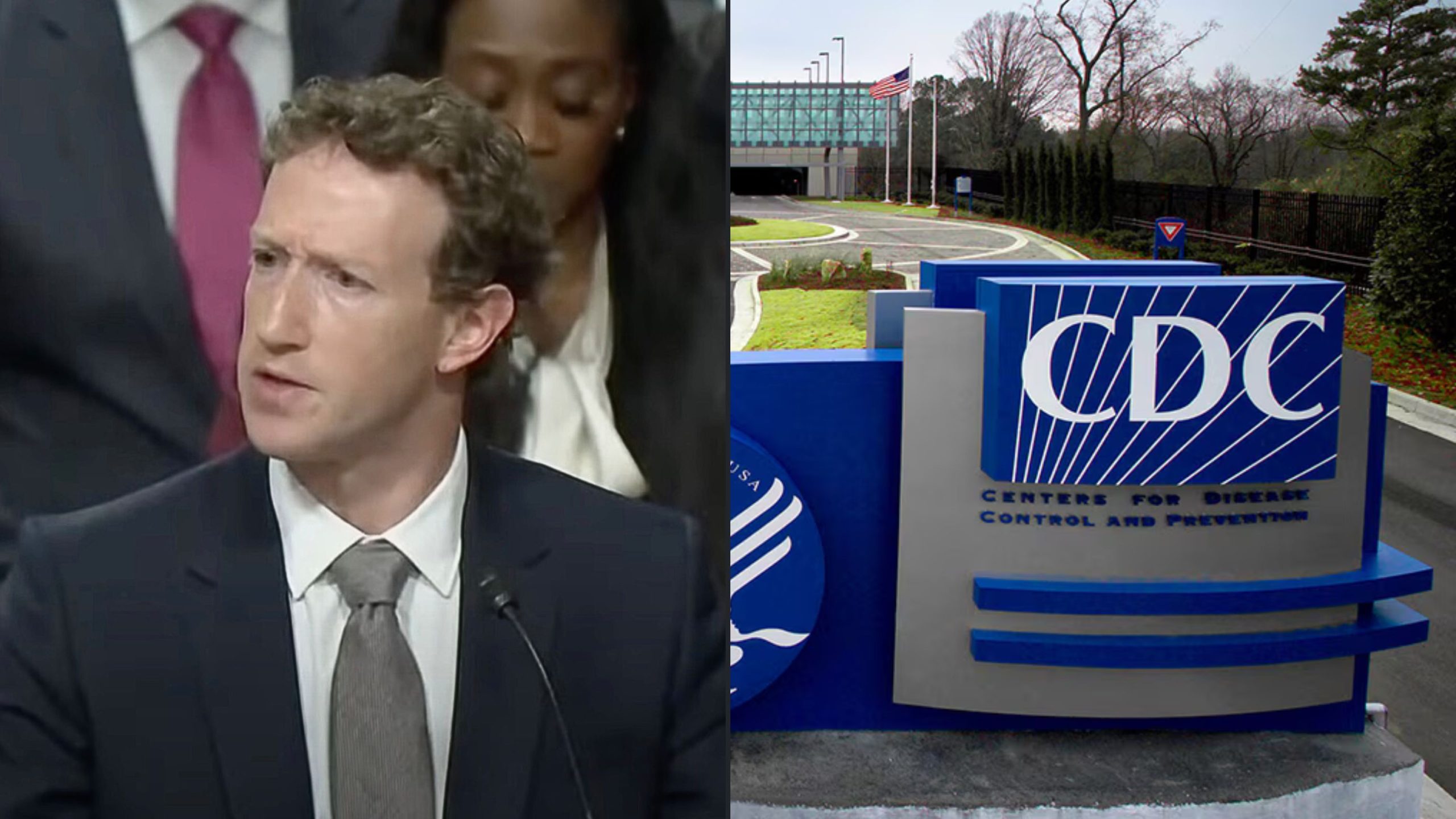 Zuckerberg microphone on the left, and the CDC sign outside their headquarters on the right.