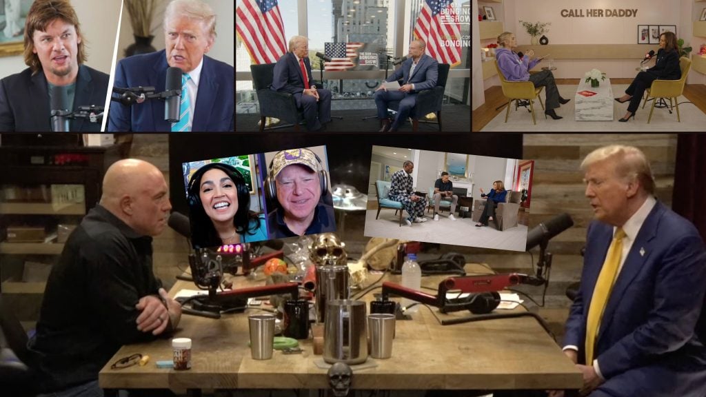 Collage of various podcast interviews with different hosts and guests, including microphones and studio settings.