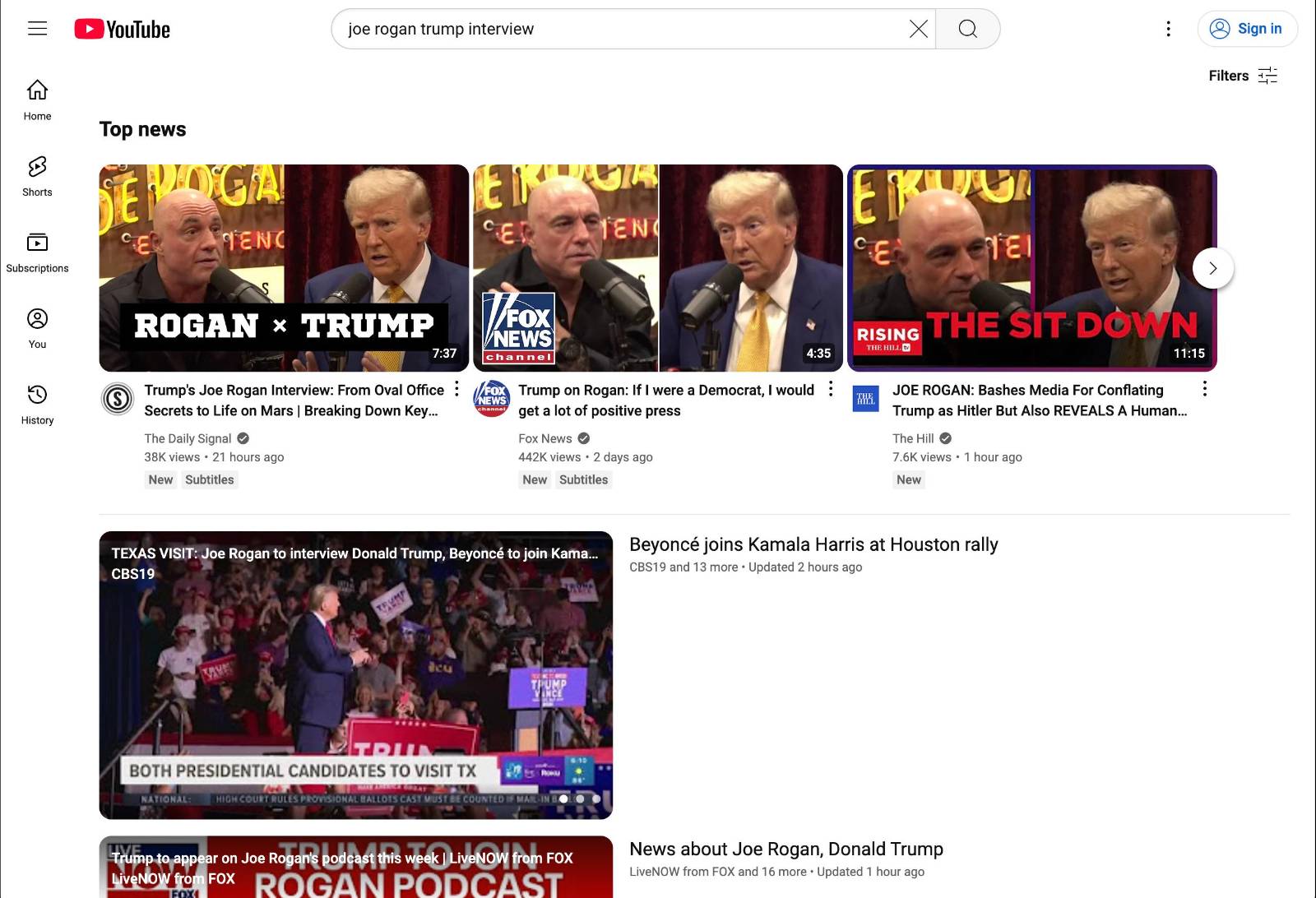 Search results for "Joe Rogan Trump interview" on YouTube, with thumbnails showing Joe Rogan and Donald Trump in podcast settings.