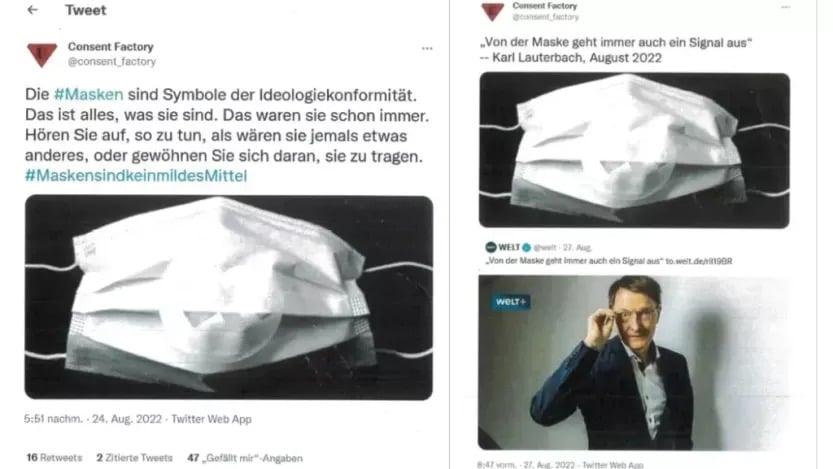 A tweet from Consent Factory in German criticizing mask-wearing as ideological conformity, with an image of a mask. Another tweet mentions a quote about masks sending a signal, with a masked image and a man gesturing.