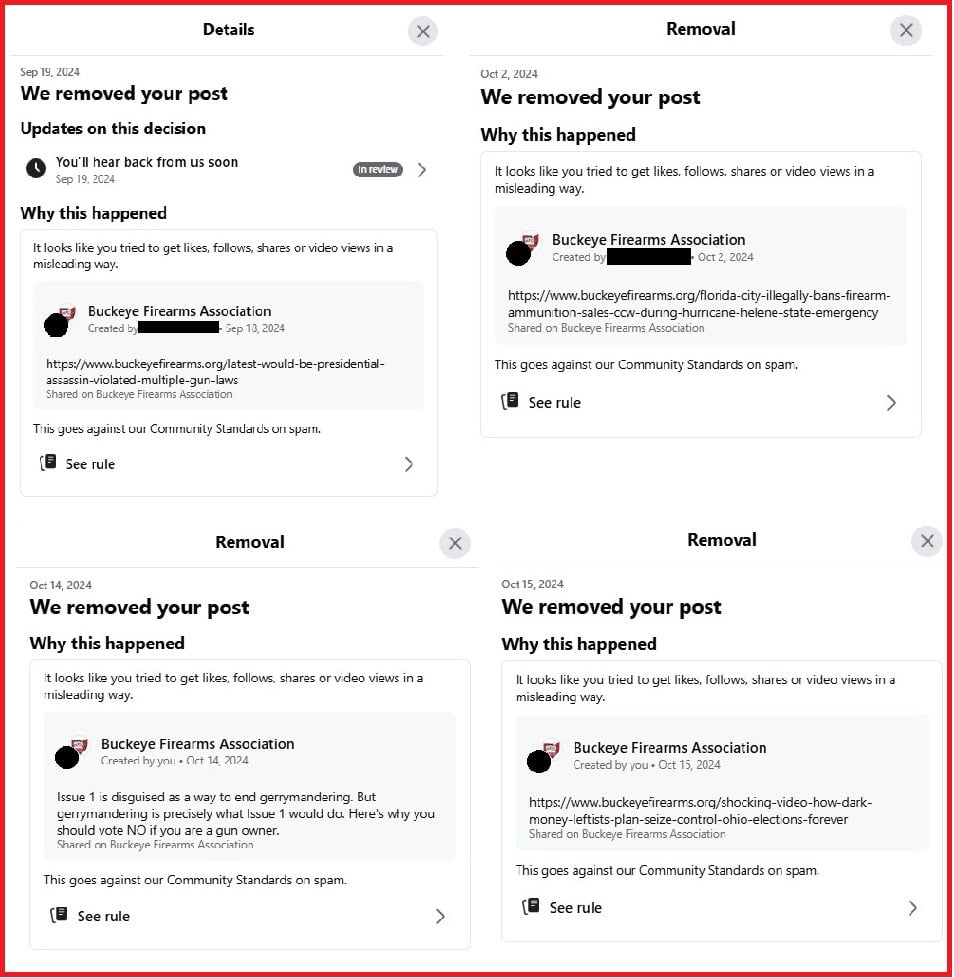 An image showing multiple notifications of removed posts from a social media platform, citing violations of Community Standards on spam. The posts are related to the Buckeye Firearms Association and include links to articles.