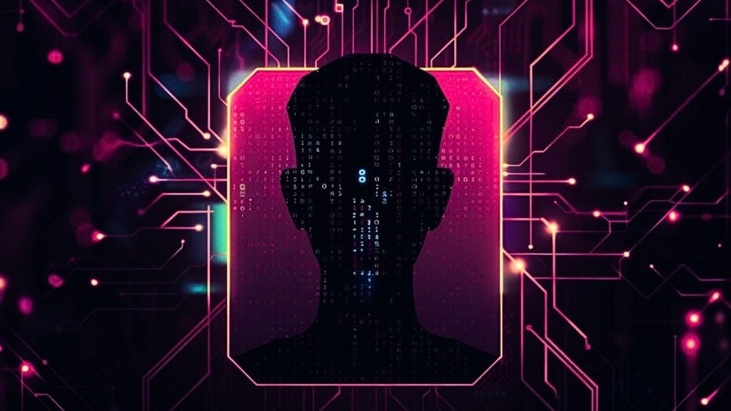 Silhouette of a head with digital code overlay, surrounded by glowing pink circuit lines.