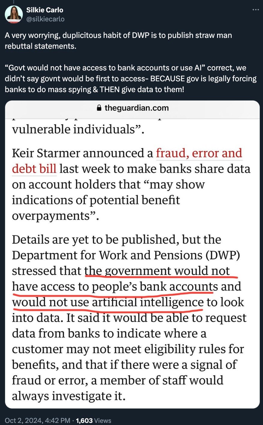 Screenshot of a tweet by Silkie Carlo criticizing the DWP's statements, alongside a partially visible article discussing Keir Starmer's announcement of a bill requiring banks to share data, stating the government won't access bank accounts or use AI.