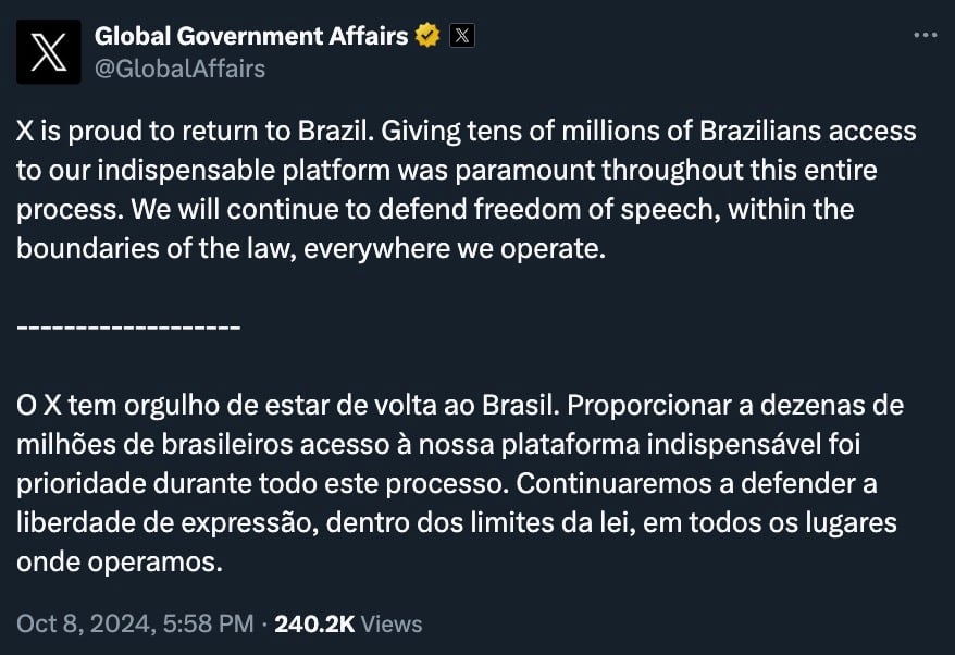 Tweet from "Global Government Affairs" expressing pride in returning to Brazil, emphasizing the importance of providing platform access to millions and defending freedom of speech within legal boundaries. Text provided in both English and Portuguese.