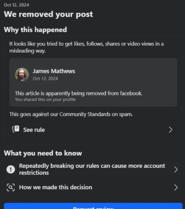 Notification message stating a Facebook post was removed for attempting to gain likes, follows, shares, or views misleadingly, violating community standards on spam.