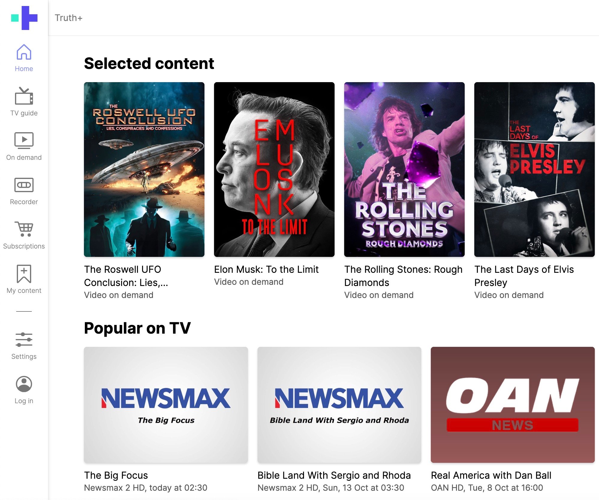 "Truth+" streaming platform interface displaying sections for "Selected content" and "Popular on TV," featuring various shows and documentaries.