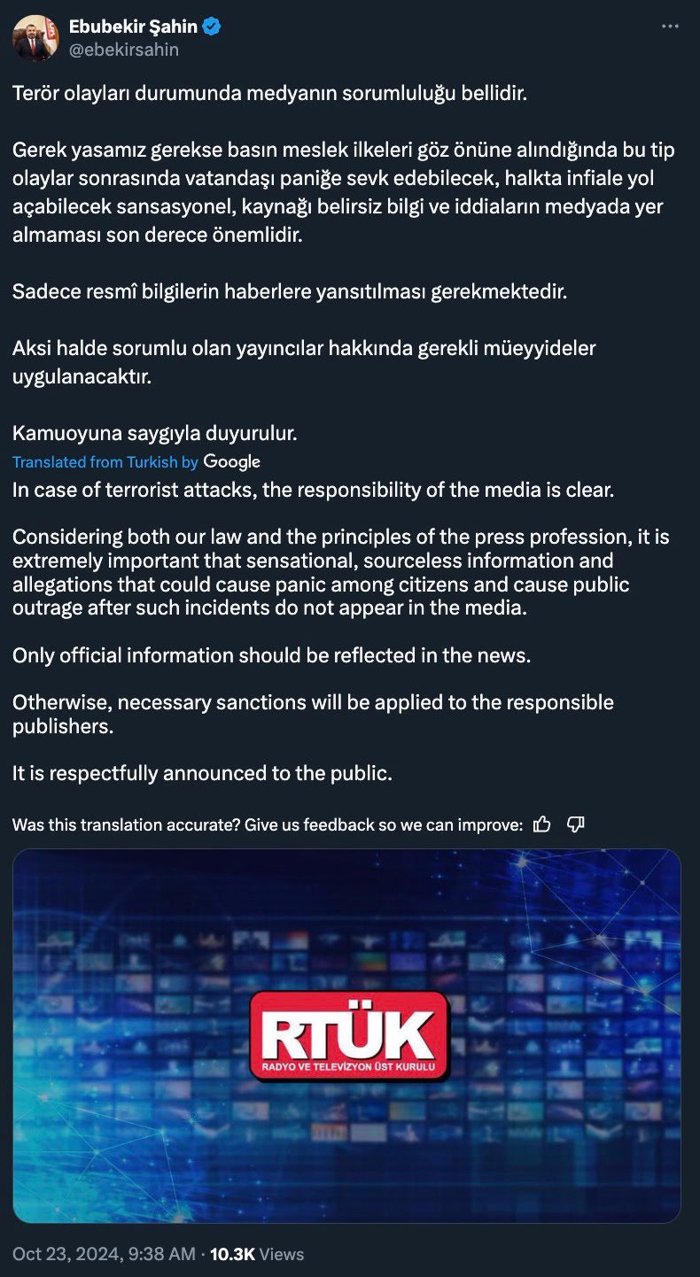 A social media post with text warning media of their responsibilities during terrorist events, emphasizing the importance of not spreading sensational, unsupported information and urging the reflection of only official data; includes an image of the RTÜK (Radio and Television Supreme Council) logo.