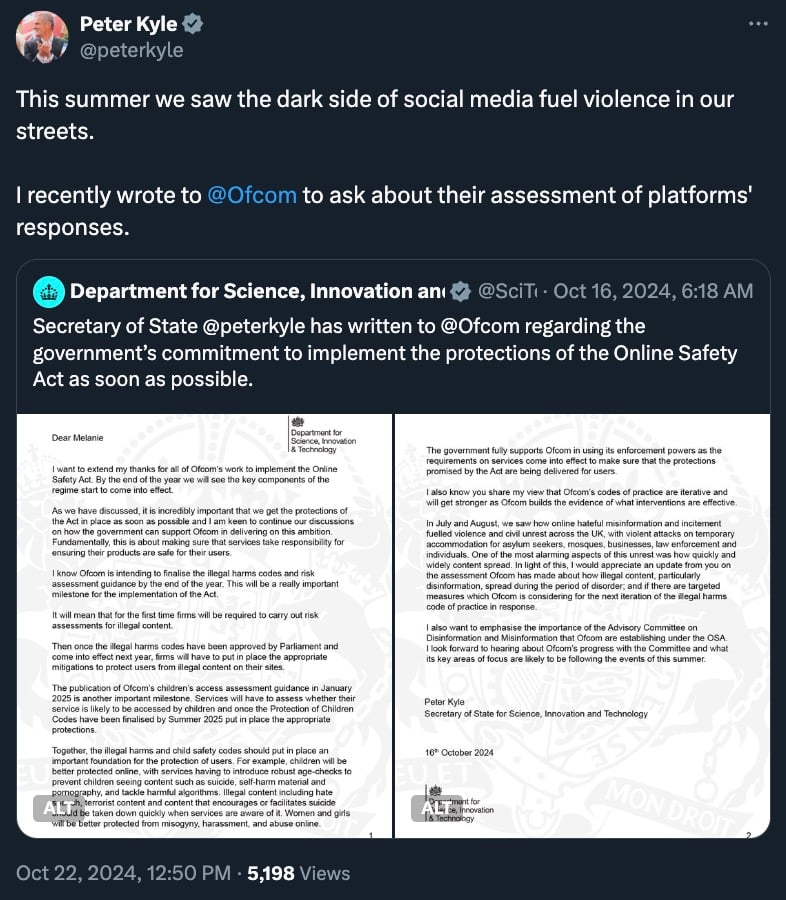 Screenshot of a tweet by Peter Kyle discussing the role of social media in promoting violence and his communication with Ofcom regarding online safety. The tweet includes an image of a letter addressing Ofcom's implementation of the Online Safety Act.