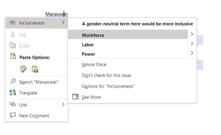 Text editor context menu suggesting gender-neutral alternatives for the word "manpower," including "workforce," "labor," and "power."