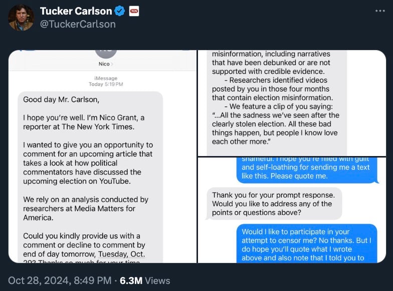 A screenshot of text messages between Tucker Carlson and Nico Grant discussing an article on election misinformation.