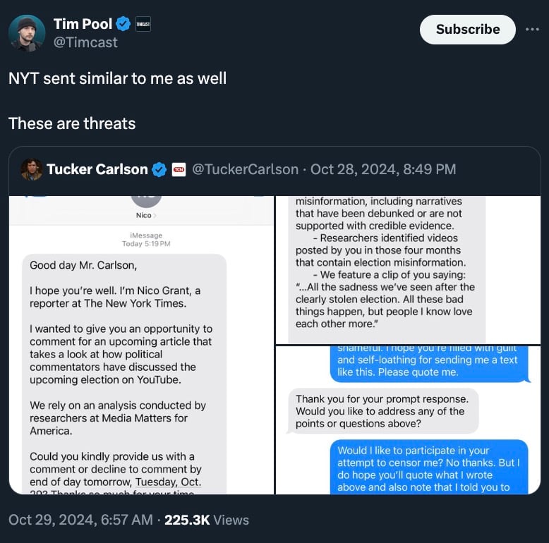 Tweet by Tim Pool displaying a screenshot of a text exchange between Tucker Carlson and a New York Times reporter regarding a request for comment on election misinformation.