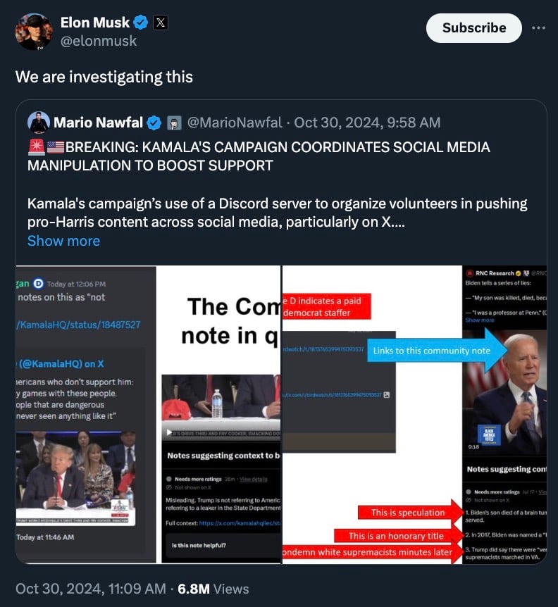 Tweet from Elon Musk stating, "We are investigating this," in response to a tweet by Mario Nawfal about alleged social media manipulation by Kamala's campaign using Discord.