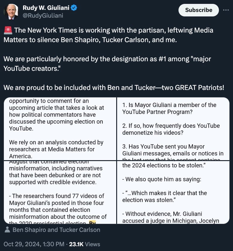 Tweet by Rudy W. Giuliani accusing The New York Times of working with Media Matters to silence him, Ben Shapiro, and Tucker Carlson. The tweet includes a screenshot discussing Giuliani's YouTube activities and allegations of election misinformation.