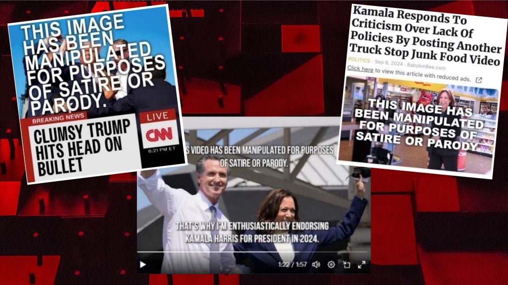 Collage of manipulated images labeled for satire or parody, featuring various political figures and headlines, including a faux CNN screenshot and a posed endorsement.