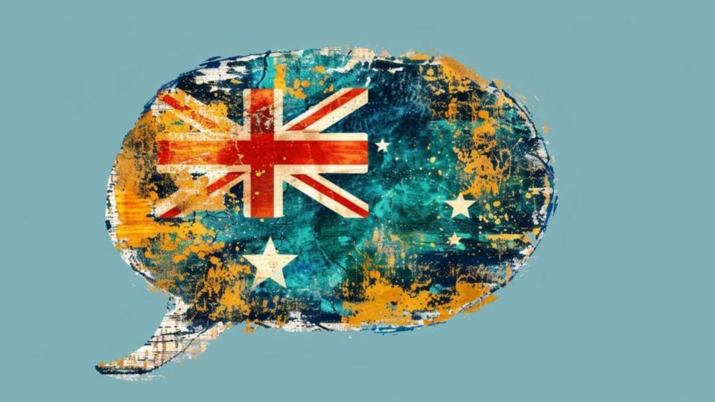 Speech bubble with the design of the Australian flag, featuring a grunge texture.