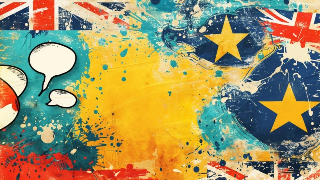 A colorful abstract design featuring splashes of yellow, blue, and red, with comic-style speech bubbles and elements of the British flag and stars.