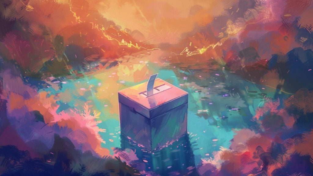 Colorful painting of a ballot box floating on water with a vibrant, abstract sky.