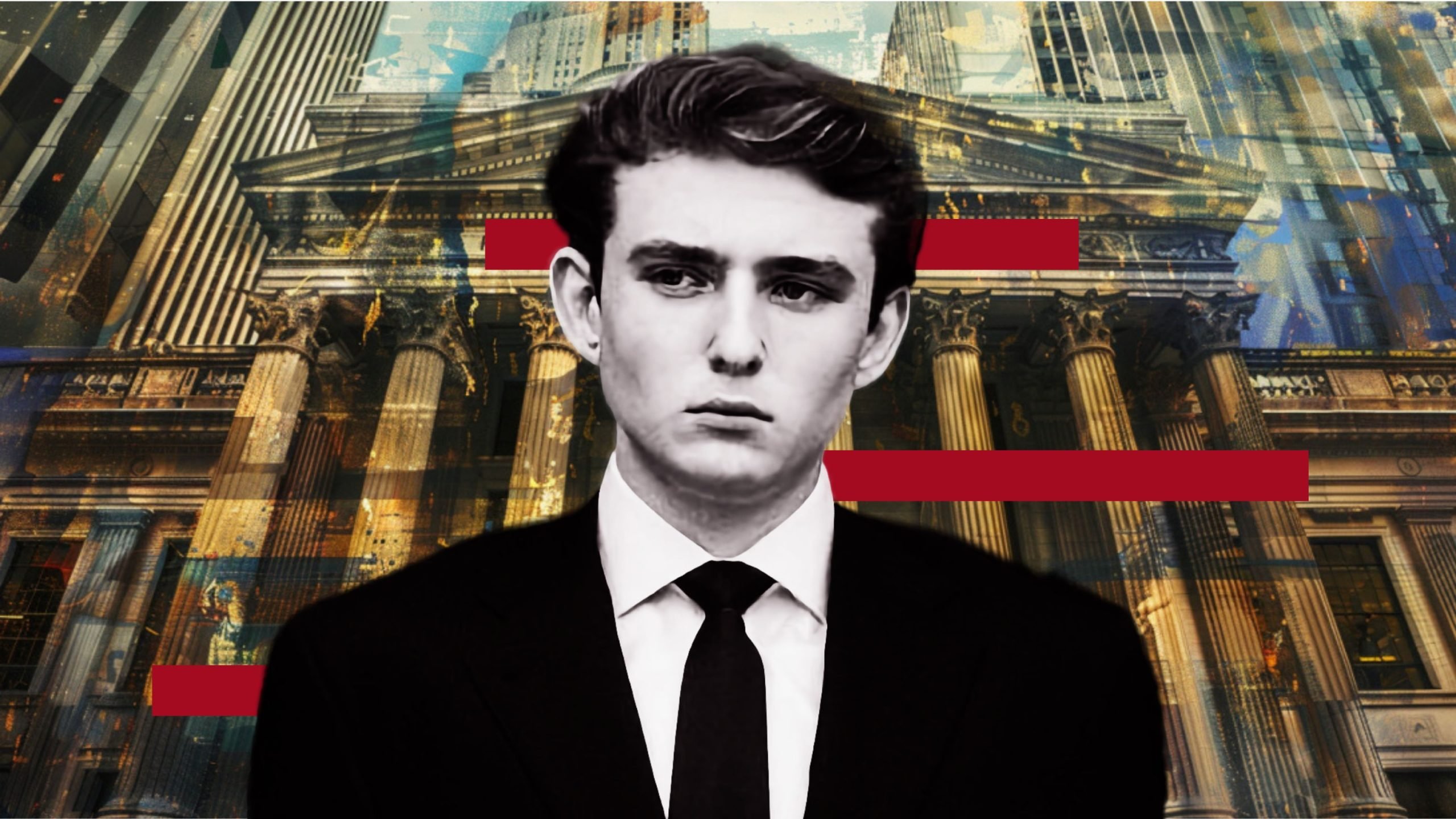 Barron Trump in a suit superimposed on a cityscape with classical architecture and red horizontal bars.