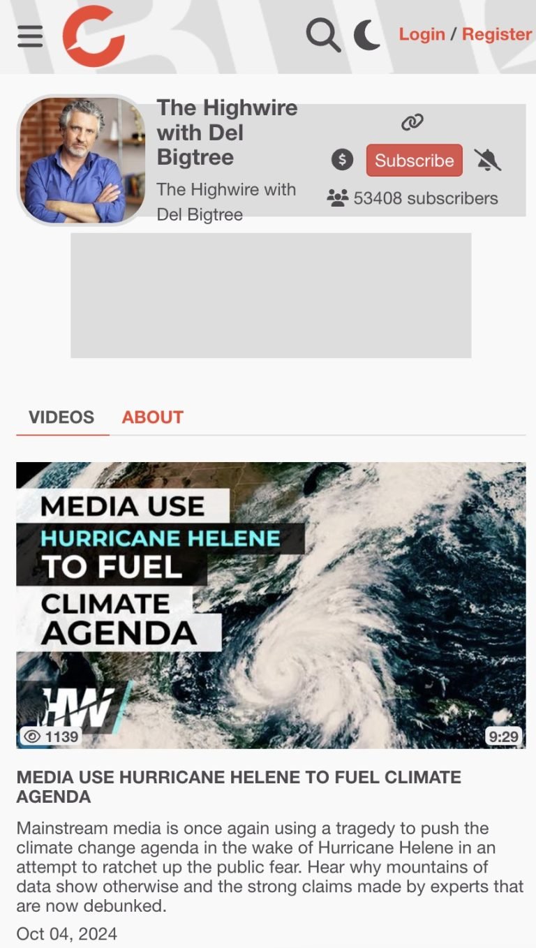 Screenshot of a video titled "MEDIA USE HURRICANE HELENE TO FUEL CLIMATE AGENDA" from The Highwire with Del Bigtree channel on a video platform, showing a hurricane image and a description criticizing media coverage of climate change.