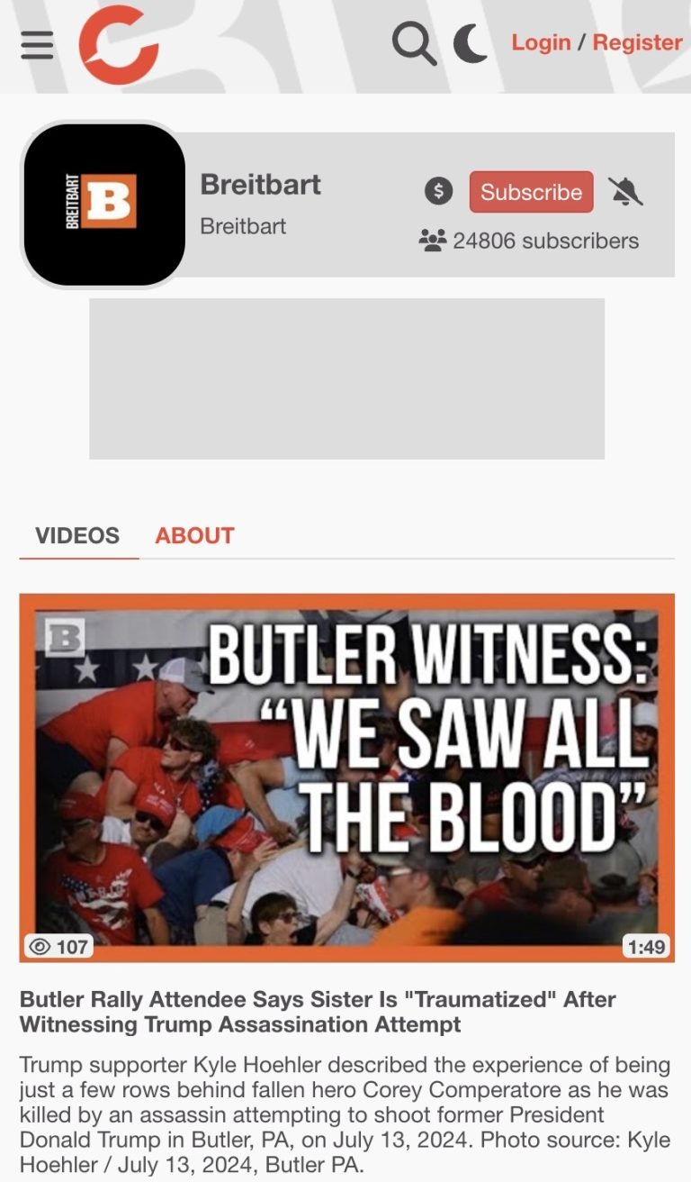 Screenshot of a Breitbart video titled "BUTLER WITNESS: 'WE SAW ALL THE BLOOD'," with individuals in red shirts seated in a crowded area.